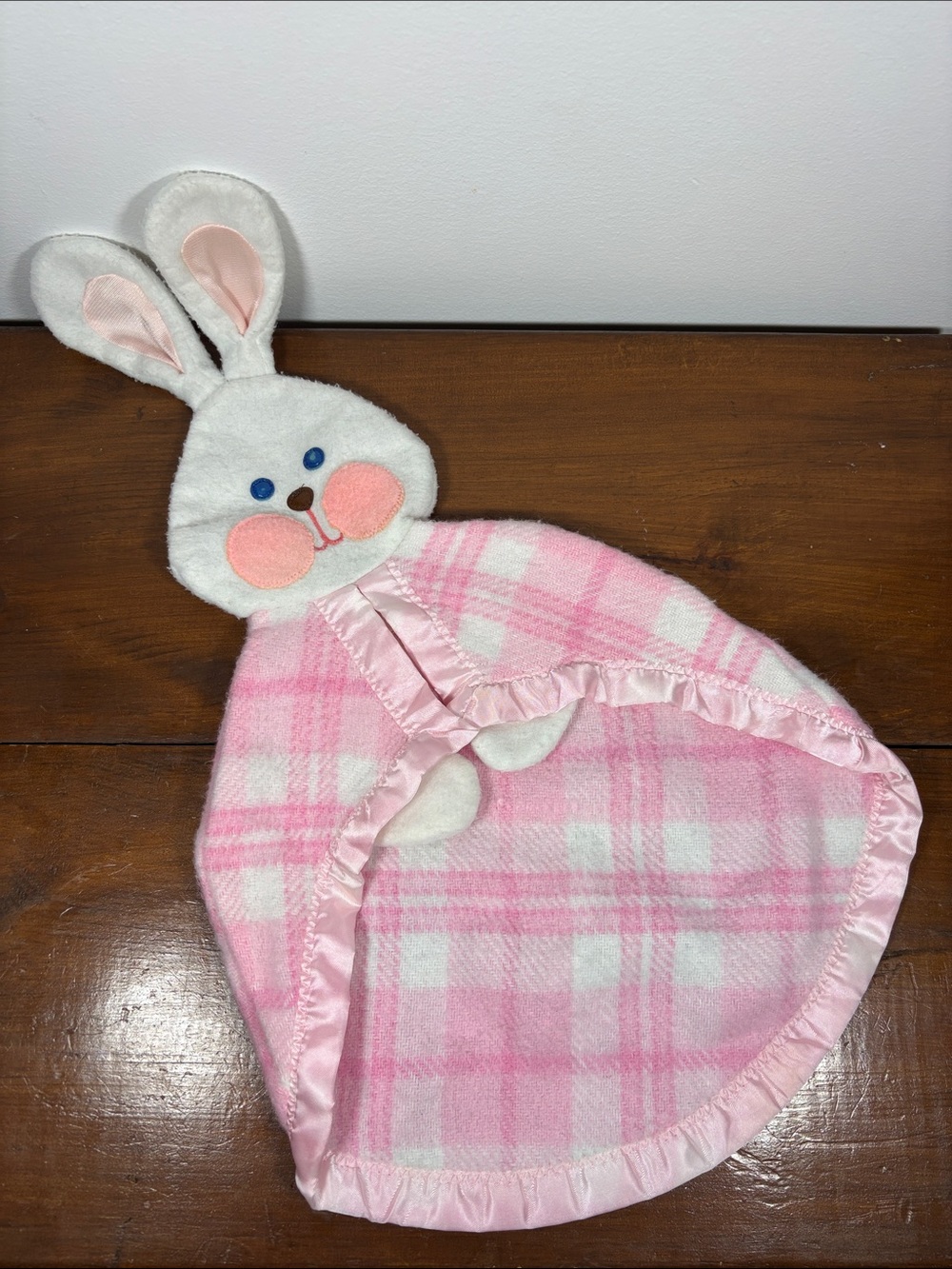 VTG Fisher Price 1979 Pink Plaid Bunny Rabbit Lovey Security Blanket Satin Trim